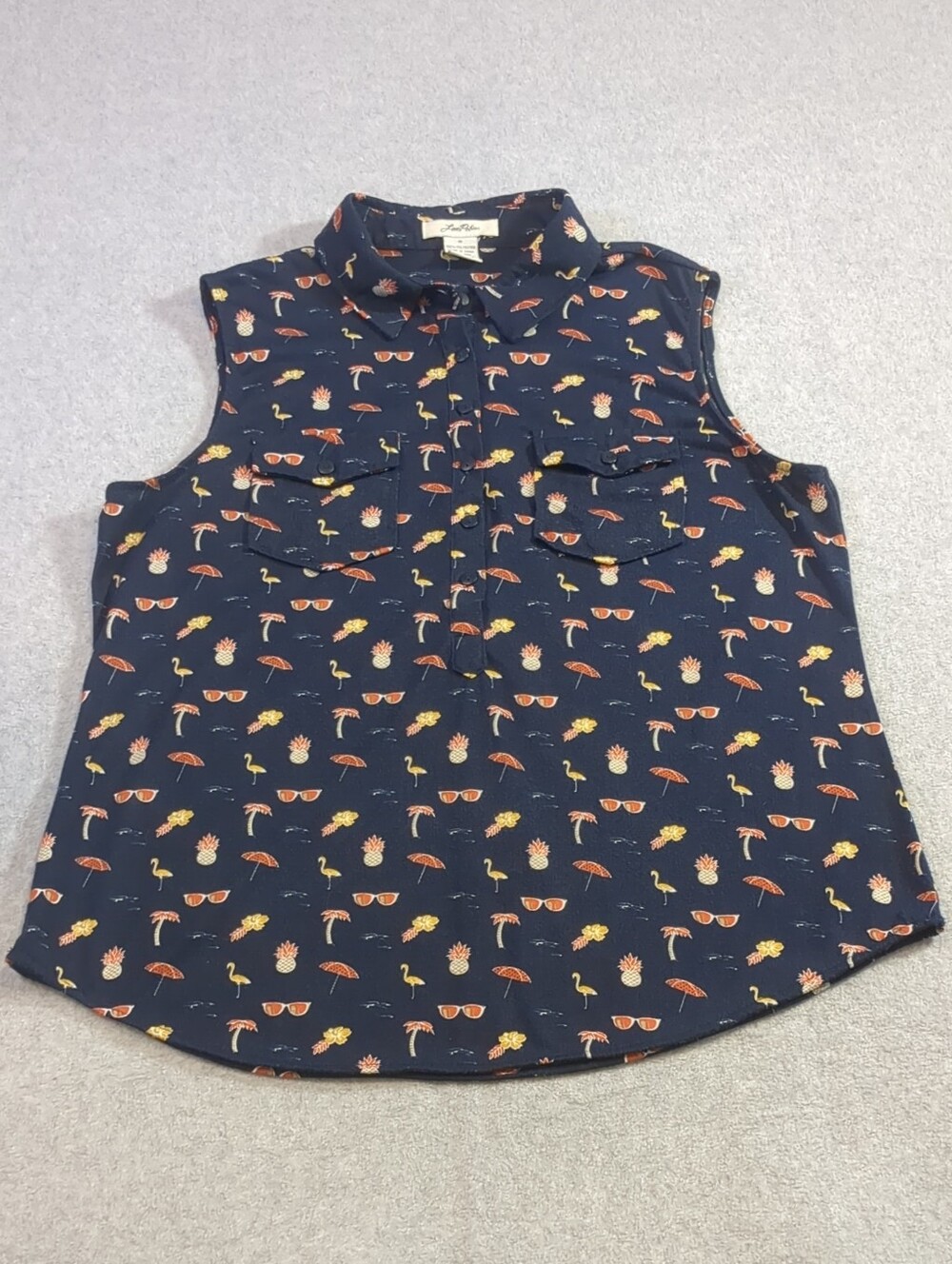 Love Potion, Sleeveless Navy Blue, Tropical Print Top- , Sz M
